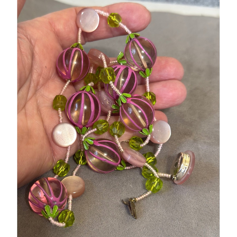 Vintage Pink Green Melon Bead Necklace Garden Floral Eclectic Statement 30 Inch - Picture 8 of 8